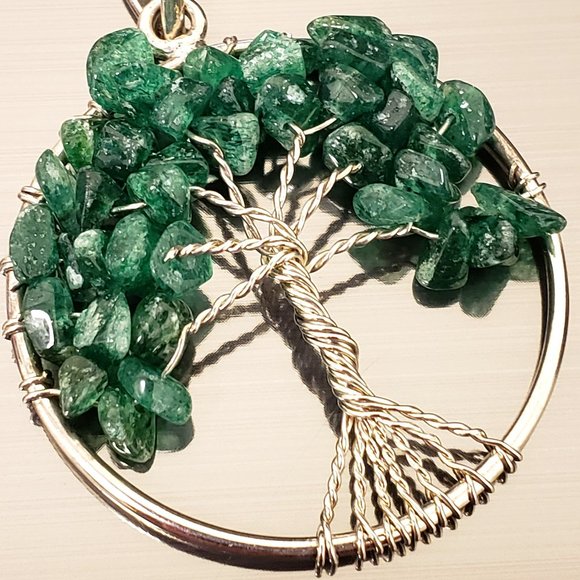 Sterling Silver Jade Emerald Green Semi-Precious Stone Tree of Life Pendant - Picture 2 of 8